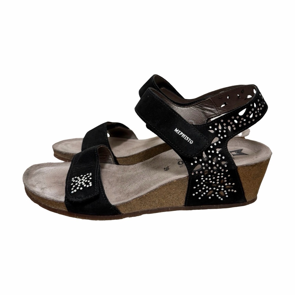 Mephisto Air Relax Crystal Studded Leather Wedge Sandal EU 39 US 9 Black Comfort